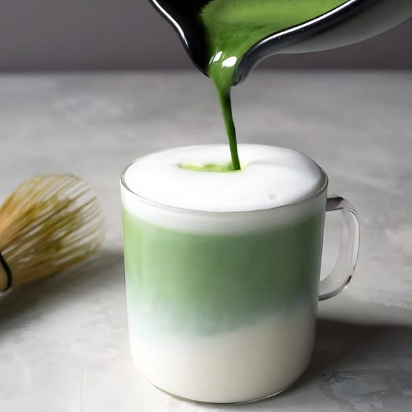 Matcha being poured into a glass of milk, creating a layered Kudo Society Cafe matcha latte.