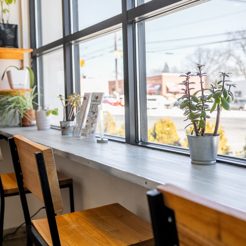 A bright Kudo Society Cafe window counter with plants, menus, and wooden chairs overlooking a street.