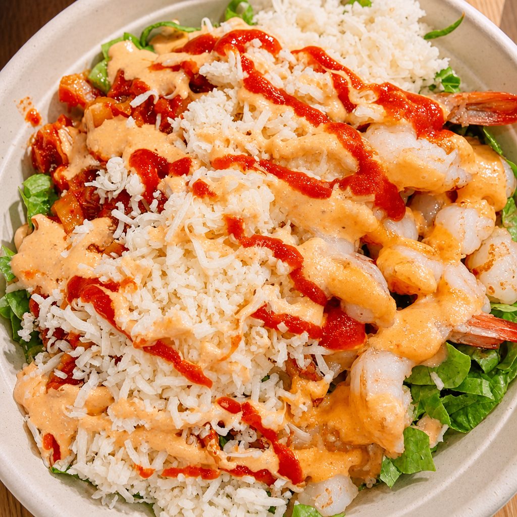 Kimchi Rice Bowl with Shrimp.